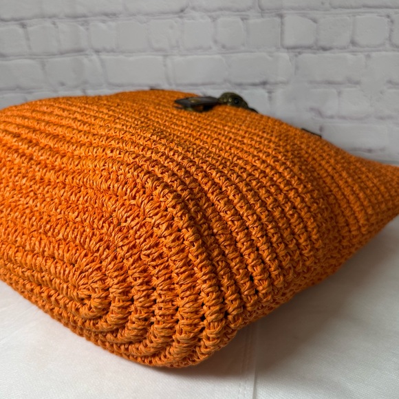 KURT GEIGER Hampton Raffia and Leather Shoulder Tote Bag Orange Brass Eagle Head - Picture 12 of 16